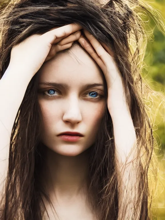 Prompt: hyperdetailed photo of a beautiful ukrainian girl, brown eyes, dark hair, winds of winter, with ripped t - shirt