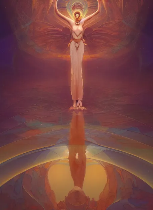 Image similar to beautiful woman standing at the base of heaven, concept art, symmetrical, trending on artstation vivid color, complementary color, golden ratio, detailed, sharp lines, intricate, rainbowshift by andrei riabovitchev, by peter mohrbacher, by gustave dore, by maxfield parrish, by alphonse mucha, deviantart, octane render