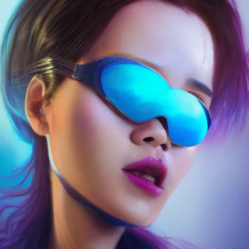 Image similar to very detailed masterpiece closeup painting of a very beautiful young indonesian cyberpunk woman with light blue shutter shades, one side haircut, brown hair with light blue ends, purple leather jacket, beauty mark on cheek, portrait, synthwave background, artstation, concept art by greg rutkowski