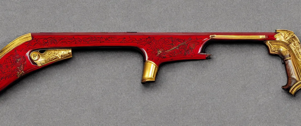 Image similar to a shotgun made from glossy red - painted wood and elements of gold metalwork