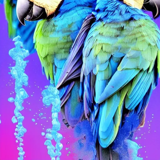 Image similar to blue parrots emerging from fluids mixing, atmospheric liquids, ornate intricate, hyper realistic, 16k, post processing, saturated blue colors, nature background