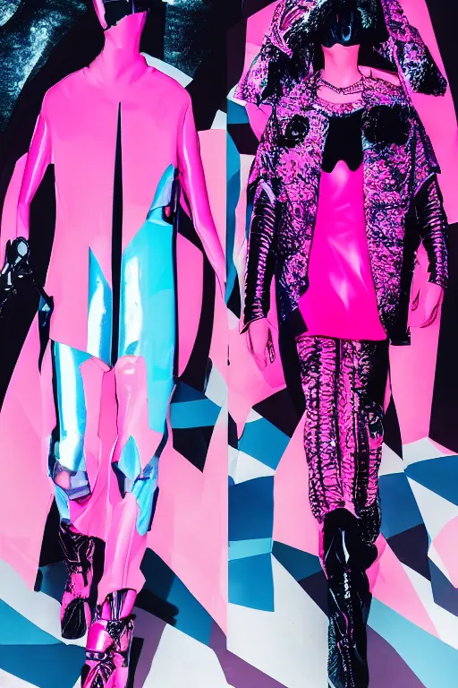 Image similar to an award winning fashion photograph of Balenciaga's fashion week 2049, cyberpunk, futuristic, Bladerunner 2049, dazzle camouflage!!, dayglo pink, dayglo blue, raven black, corporate