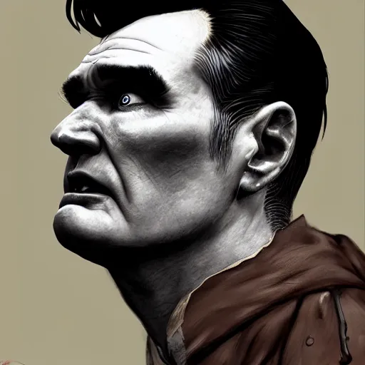 Prompt: side view of morrissey as a zombie with cuts and with a large quiff and thick eyebrows and warm brown lighting, 7 days to die zombie, realistic proportions, fine art, award winning, intricate, elegant, sharp focus, cinematic lighting, digital painting, 8 k concept art, art by brom, art by michael hussar, 8 k
