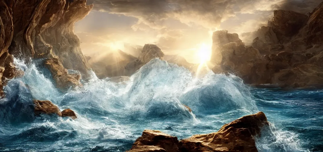 Image similar to a very high resolution image from a scene with moses splitting the two seas apart. beautiful scenery. photorealistic, photography, directed by tod howard