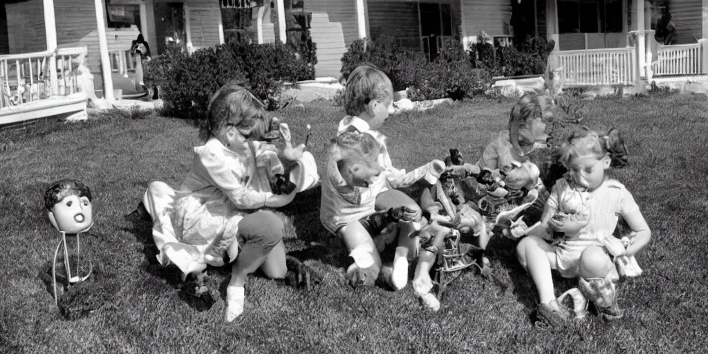 Prompt: kids playing with alien toy in their front yard, 1 9 5 0 s picture