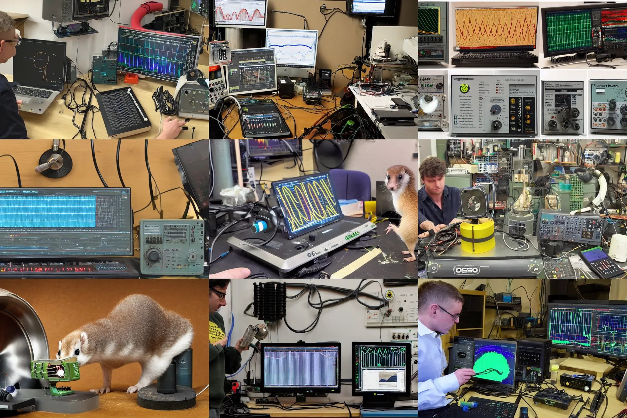 Prompt: an oscilloscope shaking a sound wave, wiggling a weasel, a stoat sinusoid spectacle