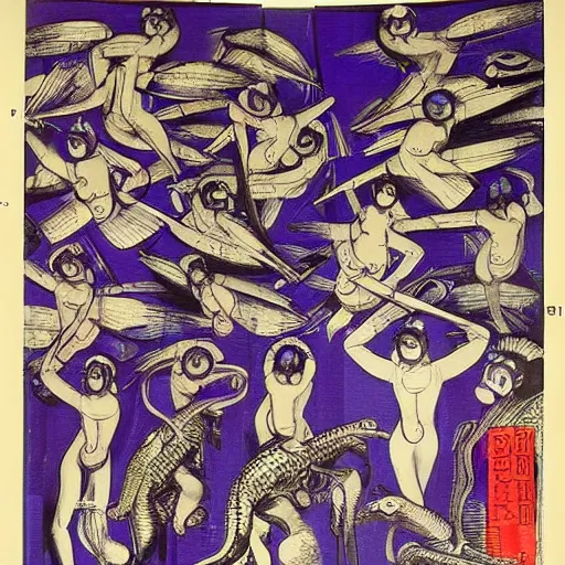 Prompt: rigorous ultraviolet by kunisada, by max beckmann. a beautiful computer art of a group of creatures that looks like a mix of different animals. most of the creatures have human - like features, such as arms & legs, & some are standing upright while others are crawling or flying.