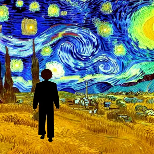 Image similar to weary traveller wandering through an alien world, by van gogh, 4 k, beautiful, cinematic dramatic