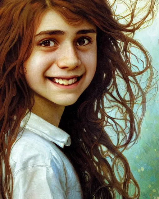 Image similar to close up portrait of 1 5 - year - old girl, smile with large front teeth, hermione granger, very bushy brown hair, and very bright brown eyes, wearing white shirt, hyper realistic face, beautiful eyes, close up, fantasy art, in the style of greg rutkowski, intricate, alphonse mucha, hyper detailed, smooth