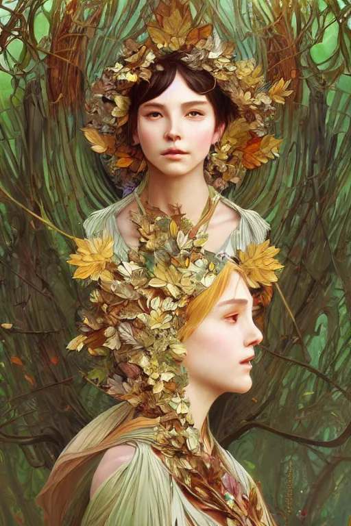 Image similar to beautiful ancient girl in makeshift leaf armor, highly detailed, digital painting, artstation, sharp focus, illustration, art by tan zi and ayanamikodon and alphonse mucha and wlop