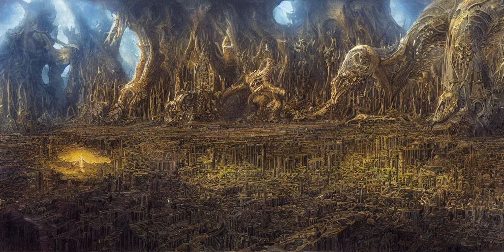 Prompt: Artwork by John Howe of the cinematic view of the Great Sanctum of Annihilation.