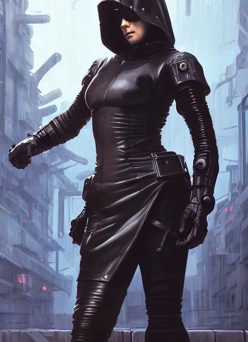 Prompt: strong female cyberpunk hacker in leather armor and cloak, path traced, highly detailed, high quality, digital painting, concept art, t - pose, by studio ghibli and alphonse mucha, leesha hannigan, makoto shinkai, disney