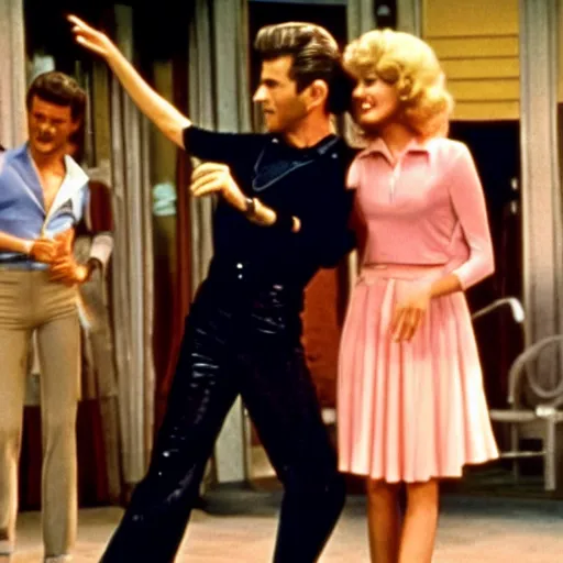 Image similar to Still of Grease (1976) with a tap dance by Fred Astaire and Ginger Rogers, cinematic, technicolor.