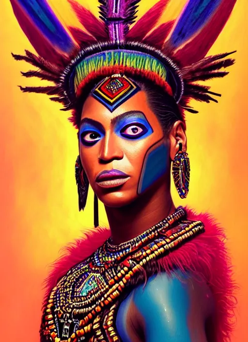 Image similar to portrait of beyonce, hyper detailed ultra sharp aztec shaman warrior. trending on artstation, warpaint aesthetic, bloodwave, colorful, psychedelic, ornate, intricate, digital painting, concept art, smooth, sharp focus, illustration, art by artgerm and greg rutkowski and h. r. giger, 8 k