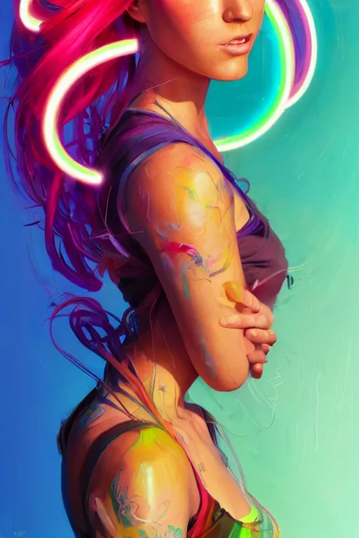 Image similar to a award winning half body portrait of a beautiful woman with stunning eyes in a croptop and cargo pants with rainbow colored hair, outlined by whirling illuminated neon lines and fine lines swirling in circles by jesper ejsing, rhads, makoto, shinkai, lois van baarle, digital art, trending on artstation