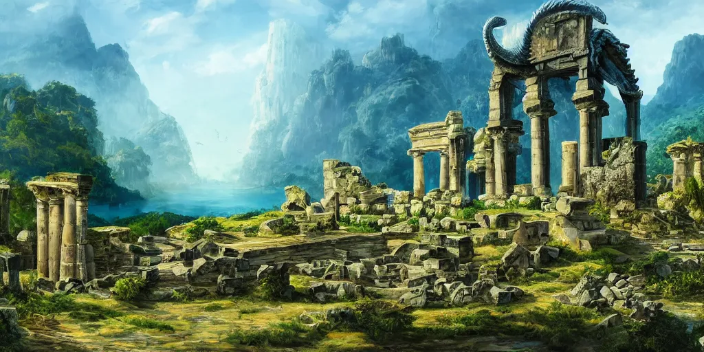 Image similar to Colossal dragon rests over the ruins of a monumental ancient capitol ruin, columns and old stonework, overgrown, overabundance of vegetation, cliffside, distant water, distant mountains, day break, oil painting, blue green yellow color scheme, very detailed oil painting