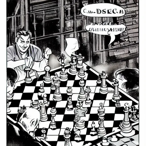 Prompt: dream and desire playing a match of chess, comic art