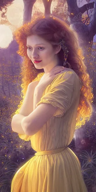 Image similar to young woman, serene smile, surrounded by golden firefly lights, full covering intricate detailed dress, amidst nature, long red hair, precise linework, accurate green eyes, small nose with freckles, beautiful smooth oval shape face, empathic, expressive emotions, dramatic lights, hyper realistic ultrafine art by artemisia gentileschi, jessica rossier, boris vallejo