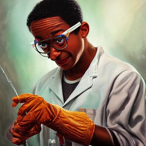 Image similar to steve urkel in the chemistry lab. beautiful painting by artgerm and greg rutkowski and raymond swanland.