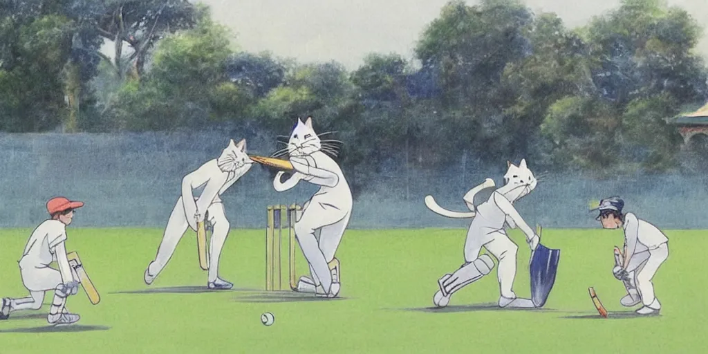 Image similar to cats playing cricket in a cricket ground, art by Hayao Miyazaki