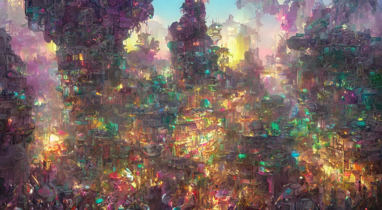 Image similar to bazaar zouk place aladin block greeble multicolorful sky shine mattepainting, street art, trending on artstation, by huang guangjian and gil elvgren and sachin teng