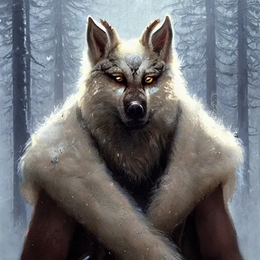 Prompt: very detailed portrait painting of a Tribal Russian Werewolf with white fur, featured in artstation, concept art by Greg Rutkowski, WLOP, Dan Mumford, Christophe Vacher