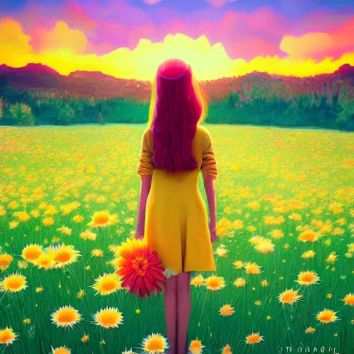 Image similar to giant daisy flower head, frontal, girl in a yellow suit, surreal photography, sunrise, dramatic light, impressionist painting, digital painting, artstation, simon stalenhag