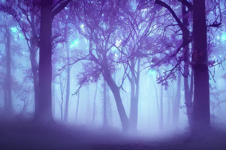 Prompt: ancient magical dark forest, tall purple and pink trees, moonlit, winding path lined with bioluminescent mushrooms, neonlike fireflies, pale blue fog, mysterious, eyes in the trees, cinematic lighting, photorealism