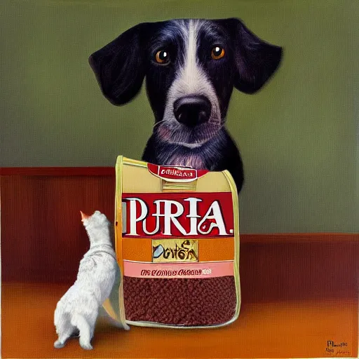 Image similar to bag of purina dog food surrealist painting