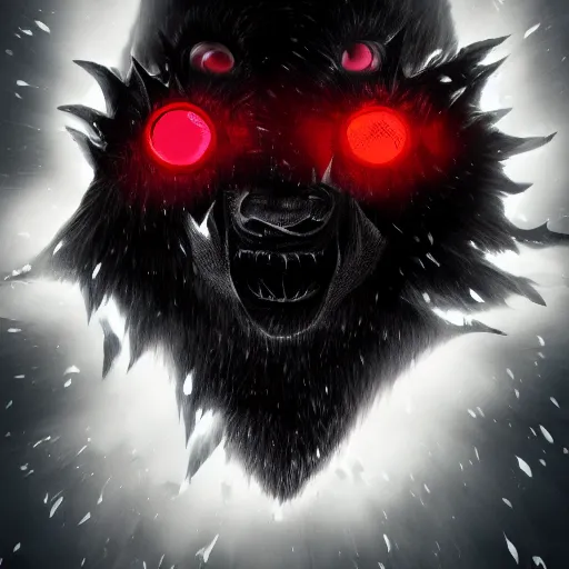 Prompt: berserker bear, wearing hood and torn cape, red glowing eyes, wearing magic orb in neck, dark background, cinematic lightning, hyper realism, centered, white and black clothing, black hair, exquisite detail, 4k