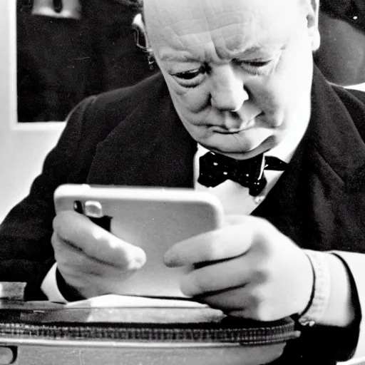 Image similar to A black and white photograph, circa 1940s, of Winston Churchill looking down at his smartphone