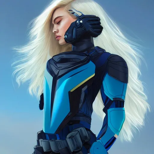 Image similar to a stunning upper body portrait of a beautiful young woman wearing futuristic navy blue and teal battle bodyarmor with ombre bleach blonde hairstyle blowing in the wind by marvel comics, digital art, trending on artstation
