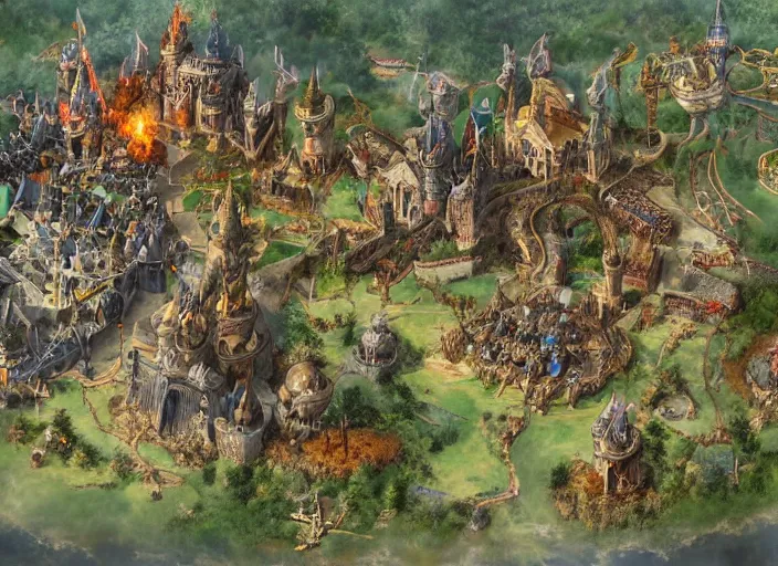 Image similar to close overhead view of a medieval fantasy theme park with knights and dragons,