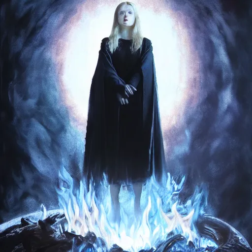 Prompt: ultra realistic medium shot portrait painting of elle fanning in prey wearing black cultist robes surrounded by fire, art by frank frazetta, 4 k, ultra realistic, highly detailed, epic lighting