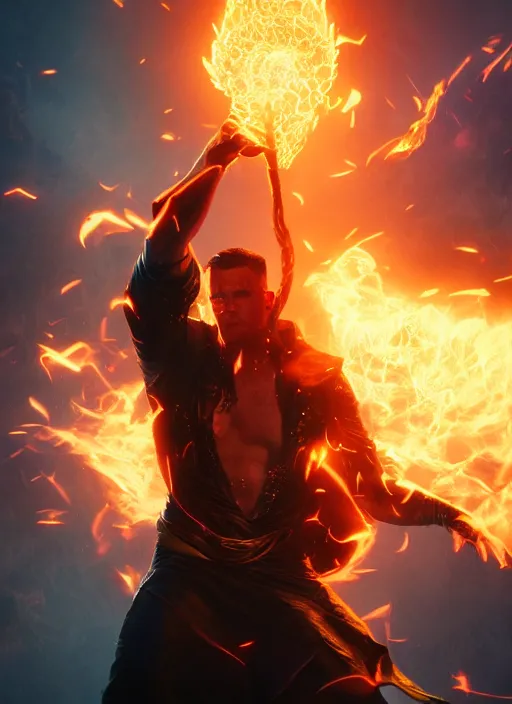 Image similar to A fantasy comic book style portrait painting of a Channing Tatum as a godlike Sorcerer casting a fire spell, unreal 5, DAZ, hyperrealistic, octane render, RPG portrait, ambient light, dynamic lighting