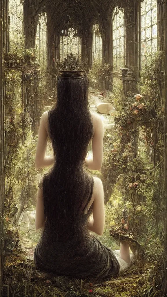 Image similar to secret view from behind wide mirror of a beautiful black haired woman with pale skin and a crown on her head sitted on an intricate metal throne, very deep stillness atmosphere, silence, dimension of still moment, spiritual feeling, digital art, by daniel ridgway knight