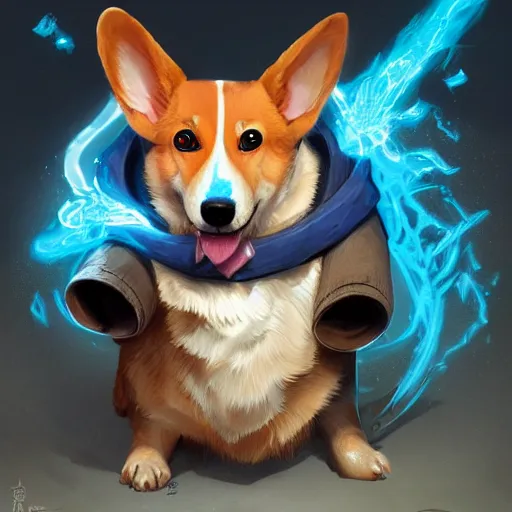 Prompt: d & d character art for a corgi. he's a spellcaster, wearing intricate blue robes and carrying potions and arcane trinkets. extremely detailed digital illustration, hyperrealistic, greg rutkowski, trending on artstation