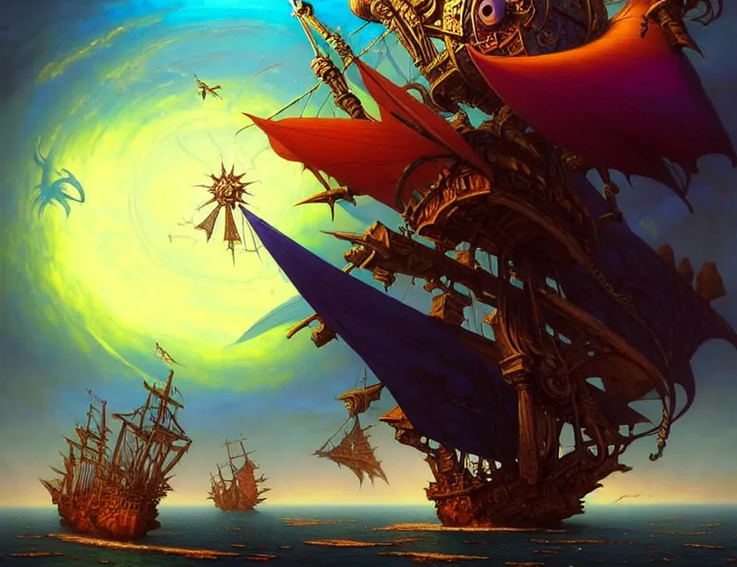 Prompt: the flying spelljammer galleon soars through the planes, amazing d & d planescape style art, trending on artstation, colorful, intricate, art by kev chan, fantasypunk, deep colors, cgsociety, by art germ, by gerald brom, by peter mohrbacher, by marc simonetti, by wlop, by guweiz