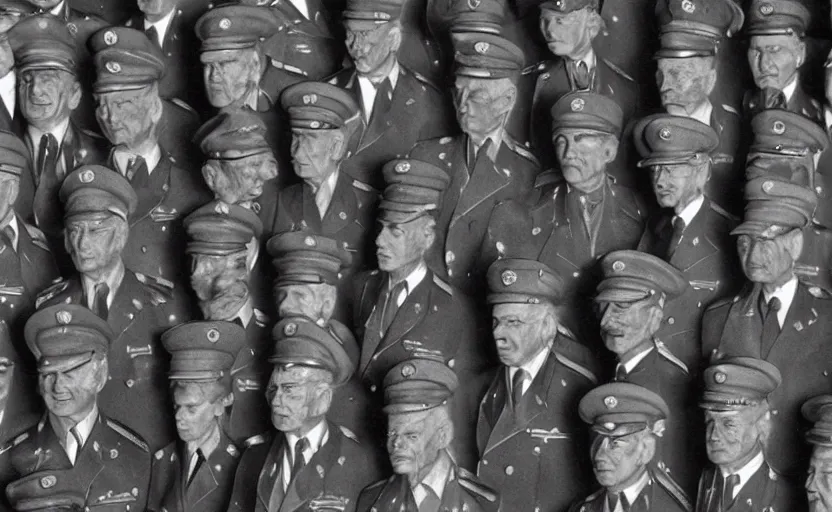 Image similar to 50s movie still full lenght portrait of very diverse soviet generals with very detailed faces, by Alexei Guerman , Cinestill 800t 35mm black and white, heavy grainy picture, very detailed, high quality, 4k, HD criterion, precise texture, diversity of faces