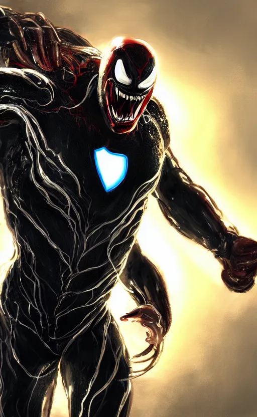 Image similar to venom as ironman, dynamic lighting, photorealistic fantasy concept art, trending on art station, stunning visuals, terrifying, creative, cinematic