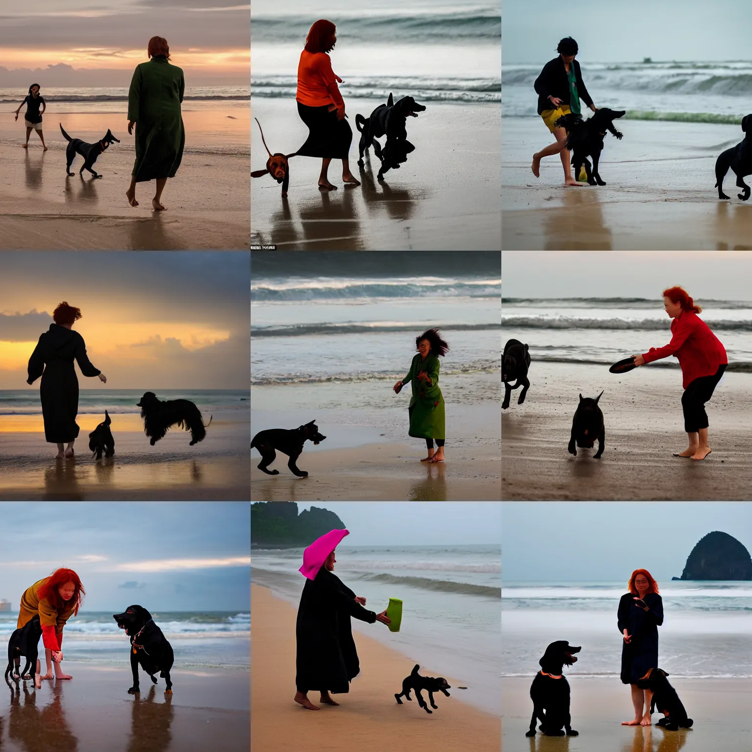 Prompt: a ginger woman in a green coat playing catch with her two black dachshunds on the beach on a rainy day in thailand at dusk