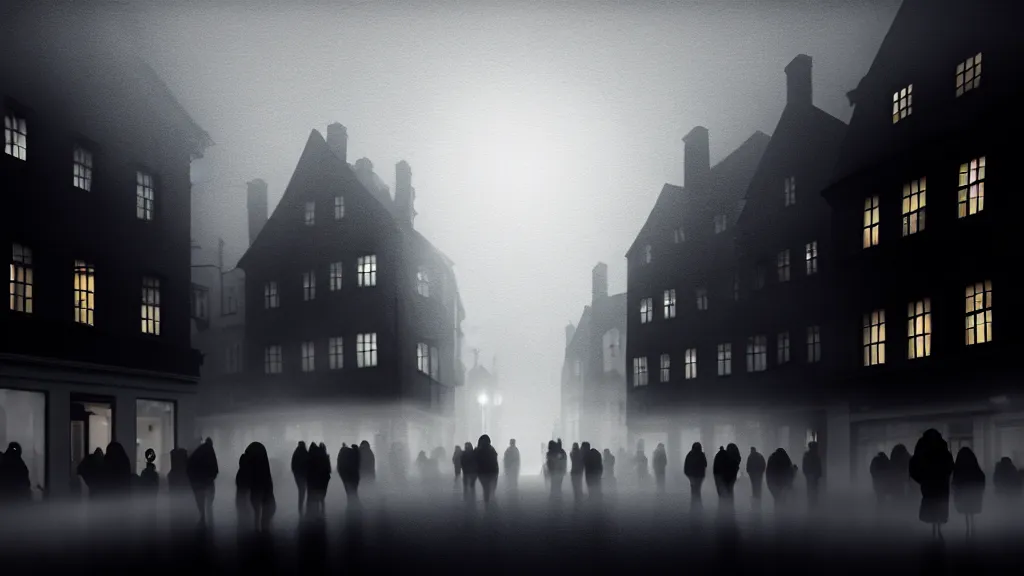 Image similar to a black sphere with glowing edges over old town with houses in the windows of which the light is on and a crowd of people on street. early morning, fog on ground, wet street. mike barr painting. volumetric light, dull colors, dark, noir arthouse, 3 5 mm, hight detalied, hd, 4 k