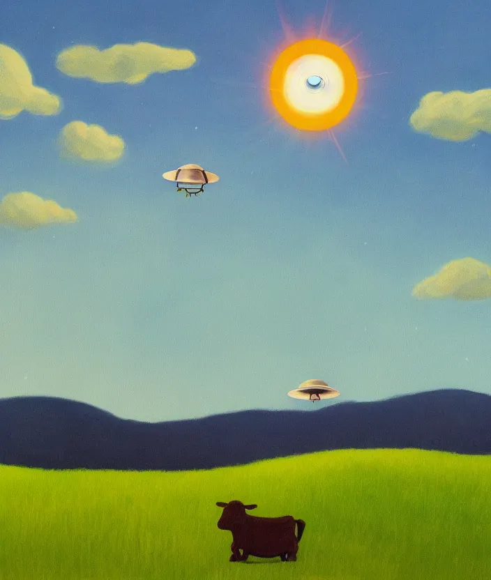 Image similar to a highly detailed painting of a stylized cartoon ufo beaming up a cow on a meadow, ufo has green light beam, very fine brush strokes, baby blue sky with aesthetic clouds, in the style of edward hopper, 4 k,