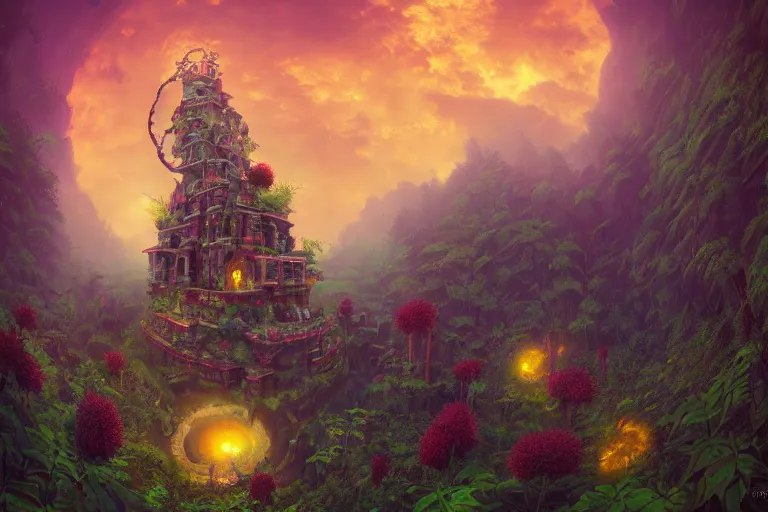 Prompt: Spiral temple, overgrown by sunflowers, fisheye by Quentin Mabille and Andreas Rocha and Raphael Lacoste, ruby skull, emerald refraction, rubies, overcast, fog, diamonds, unreal engine, trending on artstation