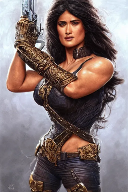 Prompt: muscled Salma Hayek as a ruggedly handsome super heroine, intricate, elegant, highly detailed, centered, digital painting, artstation, concept art, smooth, sharp focus, illustration, art by artgerm and donato giancola and Joseph Christian Leyendecker, Ross Tran, WLOP