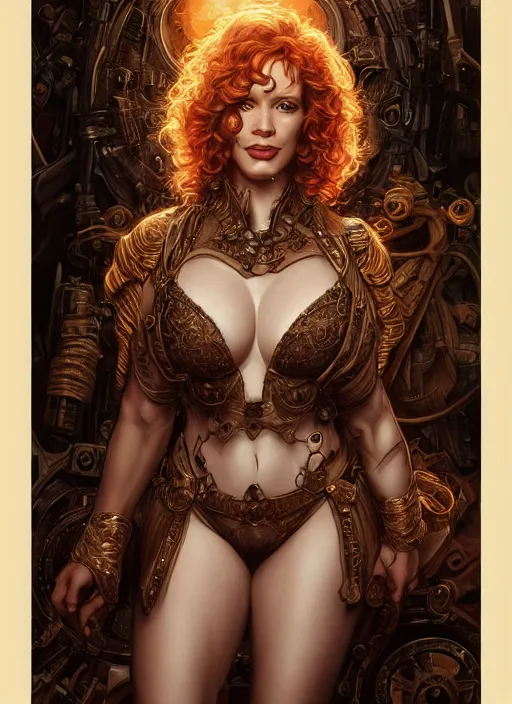 Image similar to Christina Hendricks as a ruggedly handsome hero staring into the camera, golden hour, intricate, elegant, highly detailed, centered, digital painting, artstation, concept art, smooth, sharp focus, illustration, artgerm, donato giancola, Joseph Christian Leyendecker, WLOP, Boris Vallejo, Artgerm