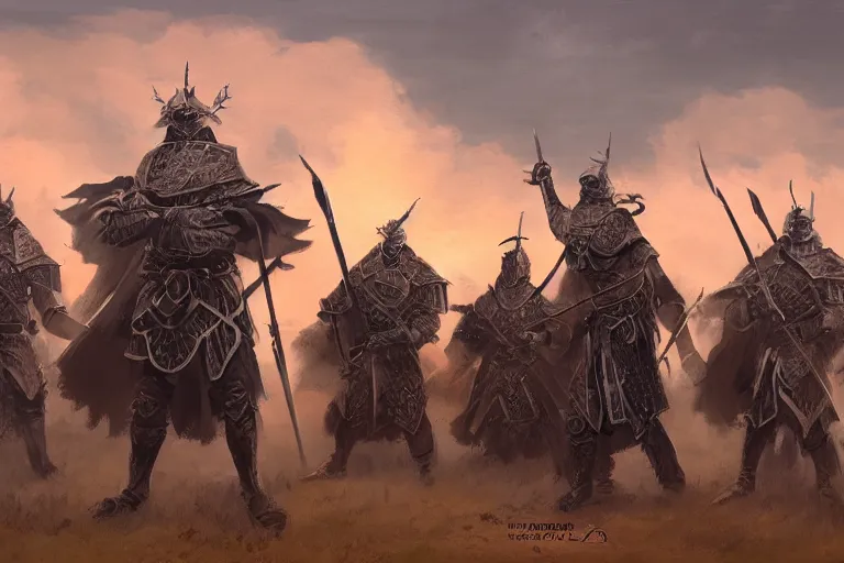 Prompt: our warriors once stood shoulder to shoulder for the protection of all odrua. ashigaru warriors in formation shields armor. sunset lighting ominous shadows, cinematic fantasy painting, dungeons and dragons, jessica rossier and brian froud