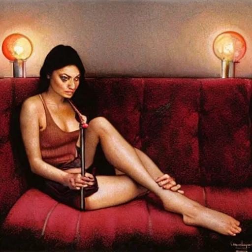 Image similar to Mila Kunis consumes bbq ribs on a sofa in a dark kitchen lit by a single bulb, painted by rick berry and norman rockwell and zdzislaw beksinski, highly detailed