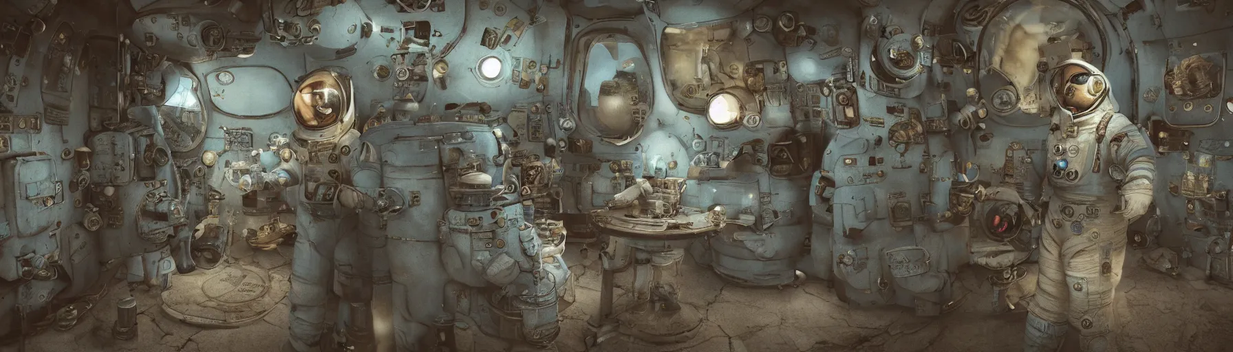 Prompt: Alexander Jansson Style, vintage astronaut in T pose, Blue Soviet nationality suit, The Laika space dog accompanies him, CGI, Many Details, Ultra Detailed, Octane Render, Real Engine 5 Cinematic, Realistic, Intricate Detail, Finely Detailed, Small Details, Extra Detail More details, tiny details, high resolution, 3D, PBR, path tracing, volumetric lighting, octane render, Arnold Render, 8k