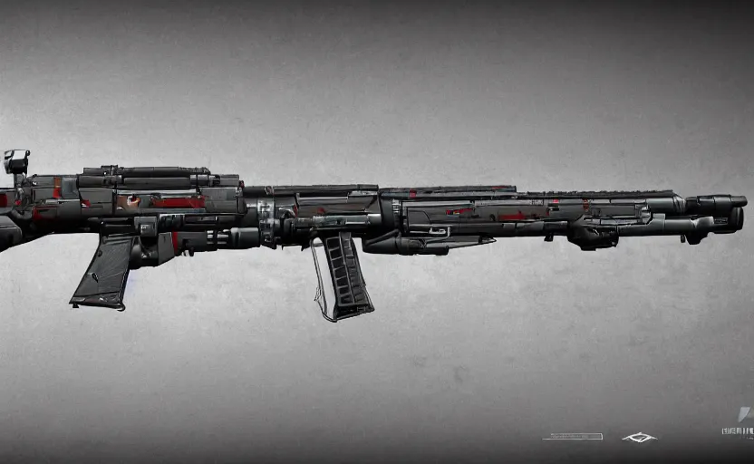 Image similar to extremely detailed side view of a sci fi rifle, chemically propelled, railgun, bullpup, with tubes and wiring, ultra quality, realistic, octane render, call of duty, warframe, deviantart